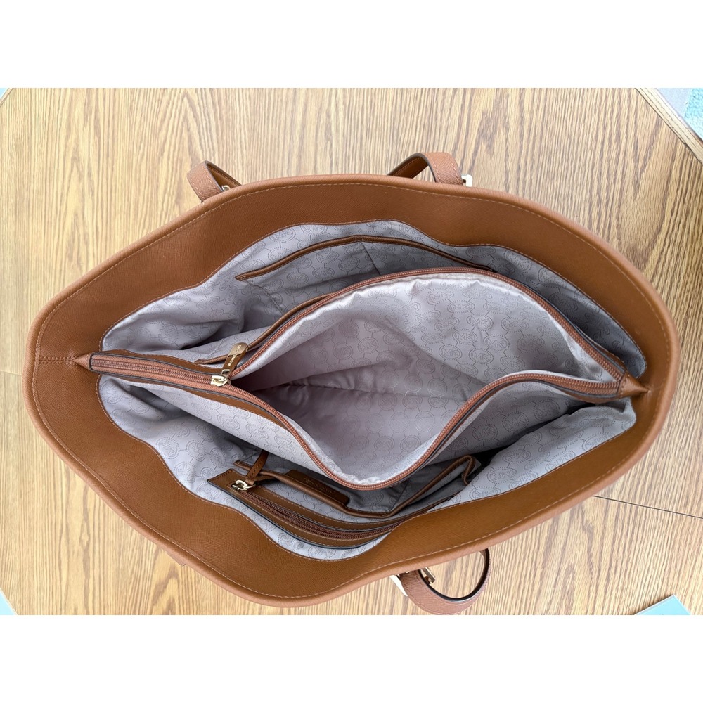 Michael Kors Charlotte Large Saffiano Leather Tote Luggage Brown Gold Hardware - Picture 10 of 13
